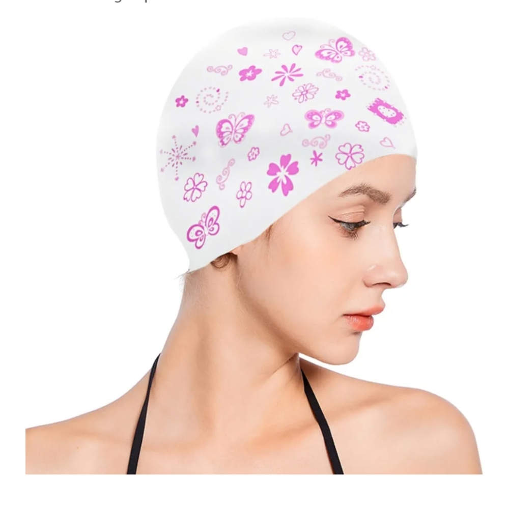 Women Girls Silicone Swim Cap, Waterproof Flower Printed Long Hair Swimming Caps